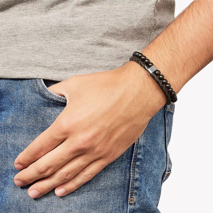 Fossil Men's Black & Silver Bracelet, Beaded Multi-Strand | JF02763040