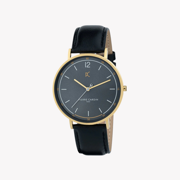 Pierre Cardin Men's Black Leather Watch, Gray Dial | Cbn.3007