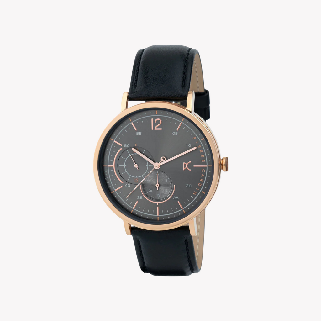 ساعة بيير كاردان CBN.3023 الفاخرة باللون الذهبي الوردي للرجال - مينا أسود أنيق وسوار جلدي