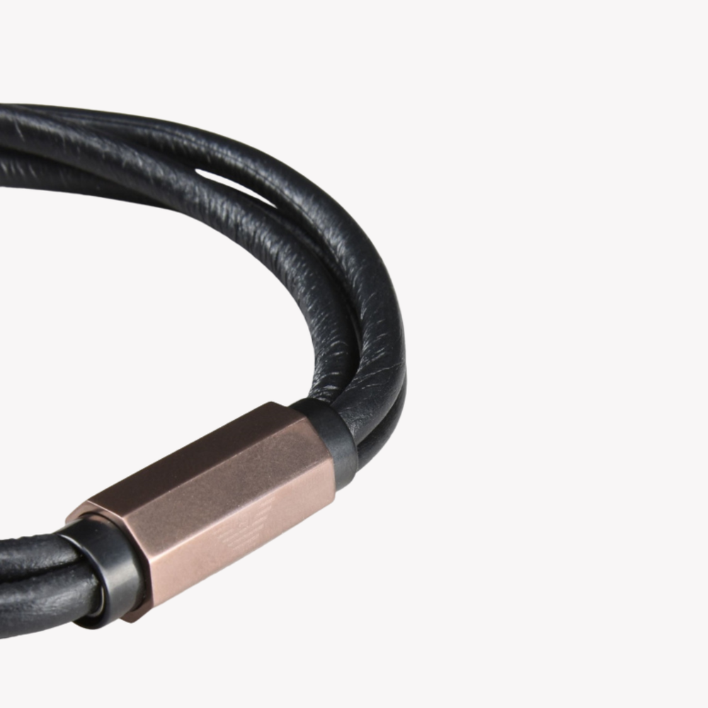 Emporio Armani Men's Black & Rose Gold Bracelet, Leather & Eagle Logo | EGS2434200