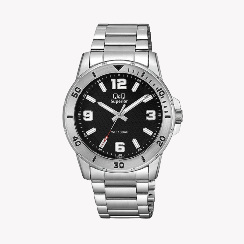 Q&Q Men's Silver Watch, Black Dial | S372J205Y