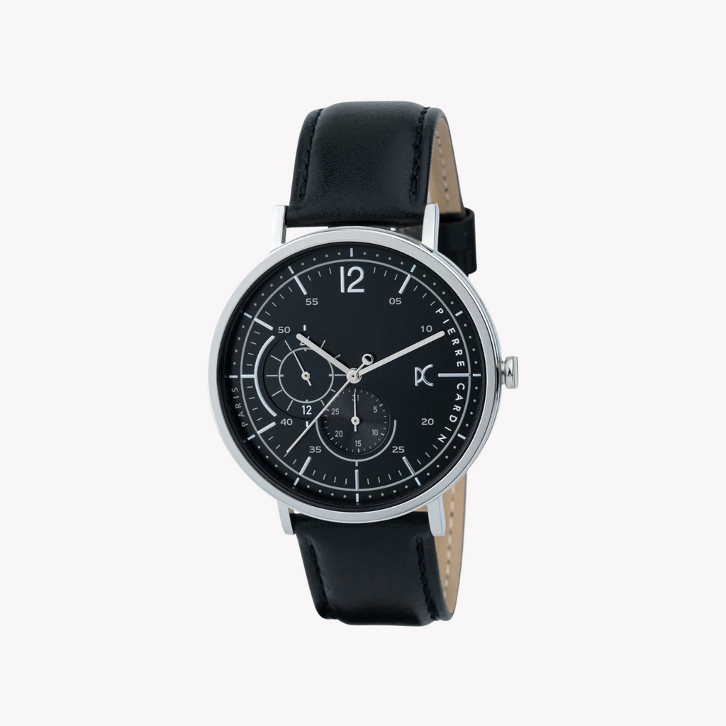 Pierre Cardin Men's Black Leather Watch, Silver Case | Cbn.3019
