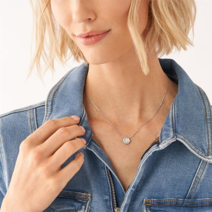 Fossil Women's Silver Necklace, Mother Of Pearl & Cubic Zirconia | JFS00579040