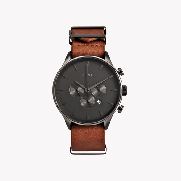 Zink Men's Stainless Steel Black Watch - Brown Leather | Zk127g2ls-22