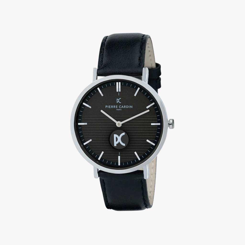 PIERRE CARDIN CBV.1049 LUXUS-Herrenuhr – stilvolles silbernes Gehäuse und schwarzes Lederband