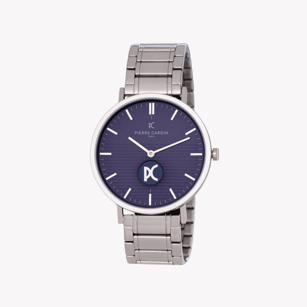 PIERRE CARDIN CBV.1102 MONTRE DE LUXE POUR HOMME - BOÎTIER EN MÉTAL ARGENT ET CADRAN BLEU