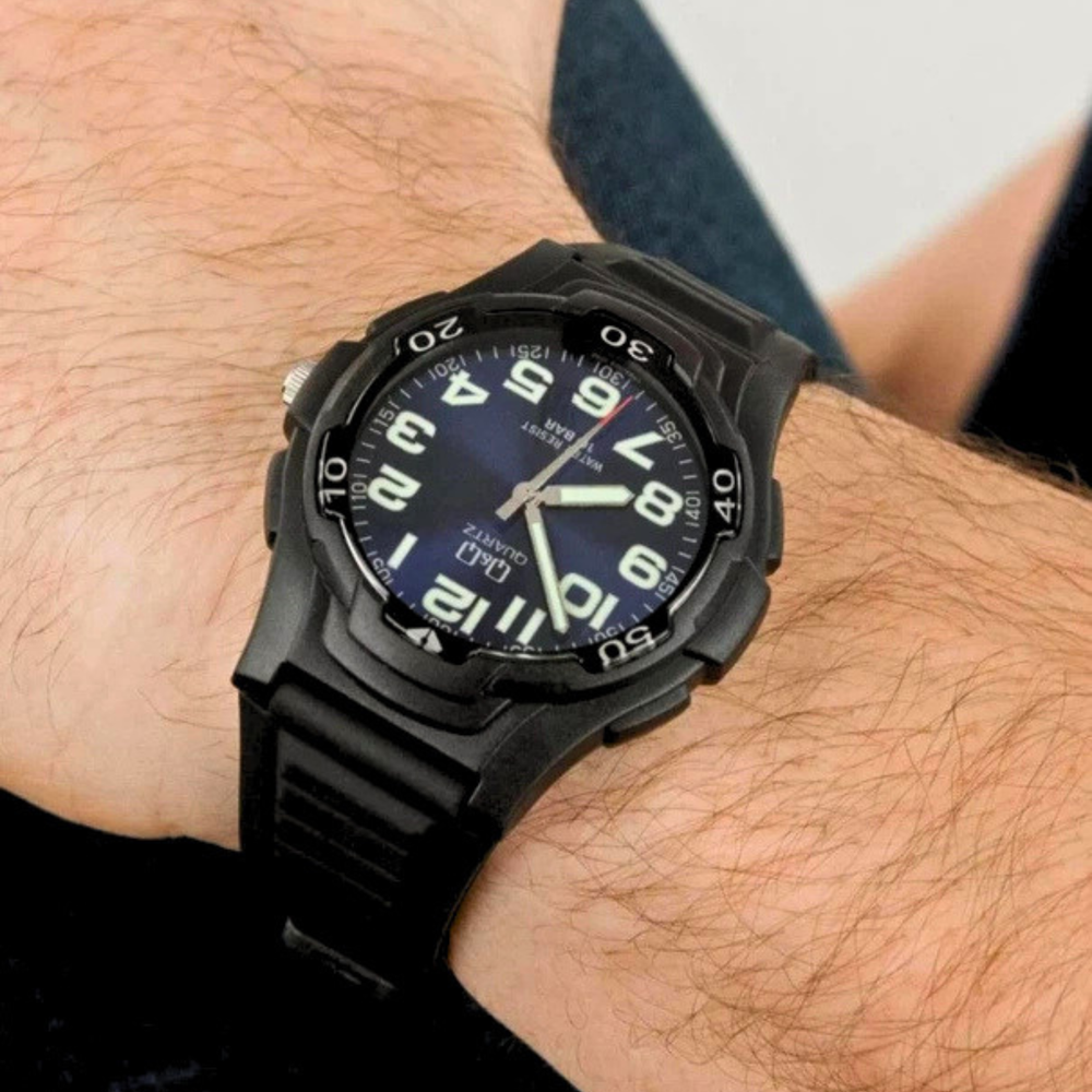 Q&Q Men's Black Men's Watch, Blue Dial | VP84J003Y