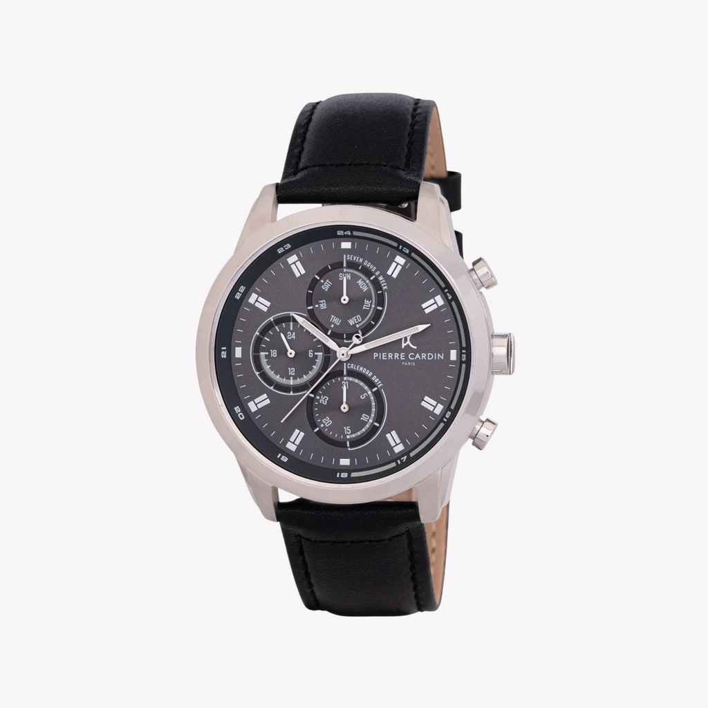 Pierre Cardin Men's Black Leather Watch, Silver Case | Ccp.5006