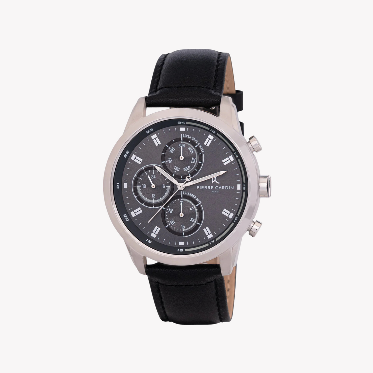 Pierre Cardin Men's Black Leather Watch, Silver Case | Ccp.5006