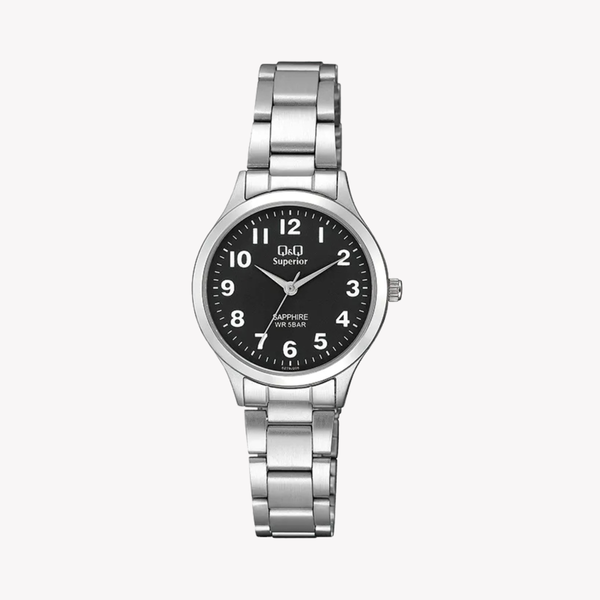 Q&Q Superior Women's Silver Watch, Black Dial | S279J205Y