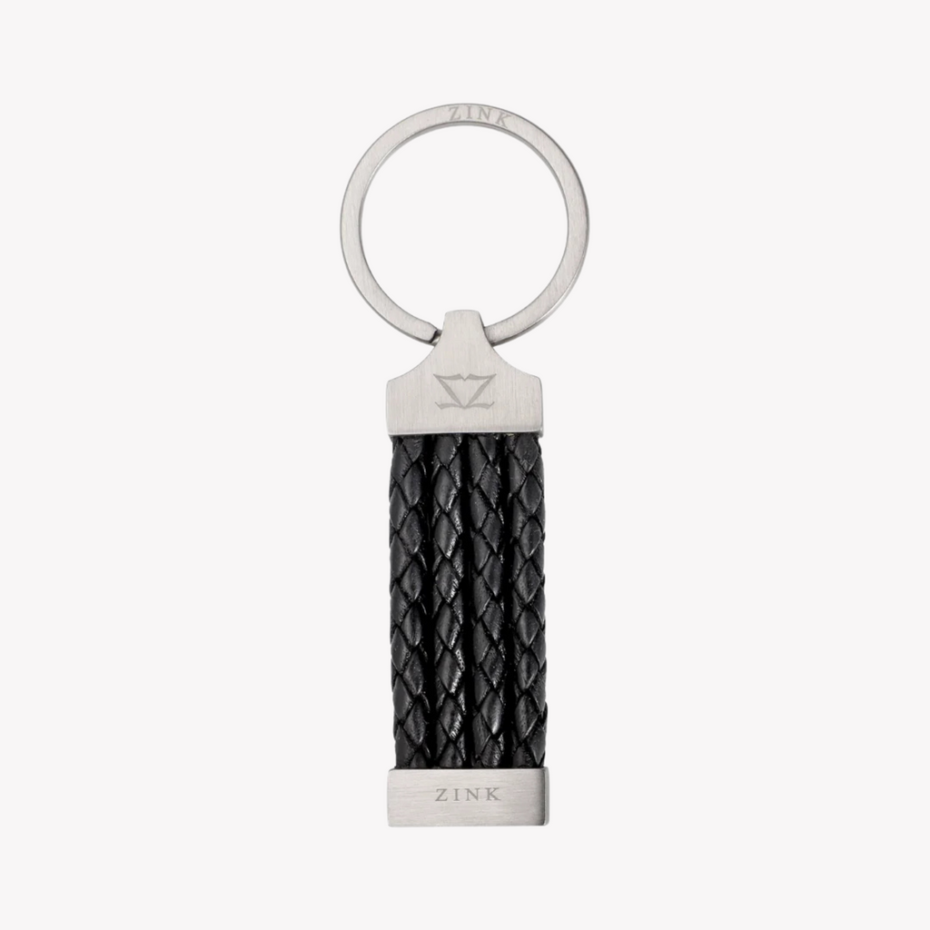 Zink Keychain - Silver & Black - Stainless Steel & Leather | Zjkc008b
