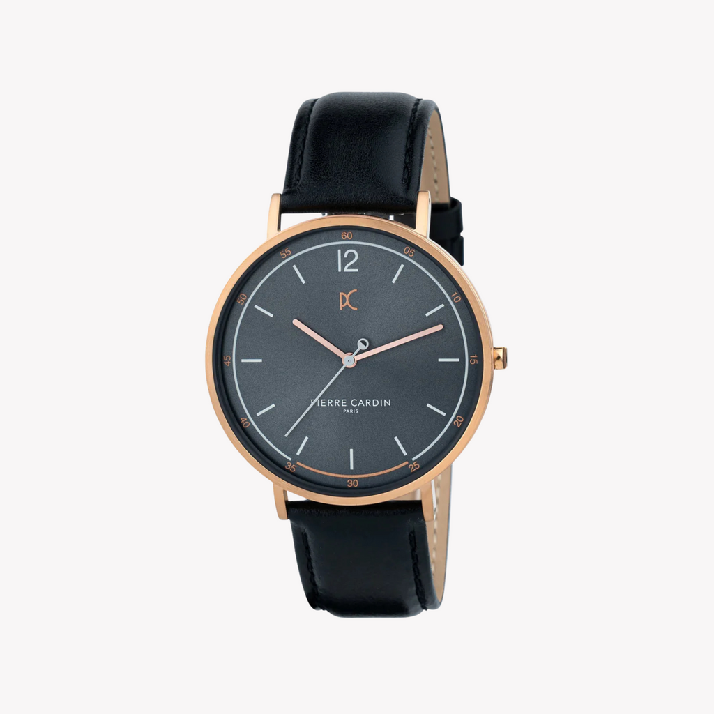 PIERRE CARDIN CBN.3009 ELEGANTE ROSÉGOLD HERRENUHR – GRAUES ZIFFERBLATT & SCHWARZES LEDERBAND