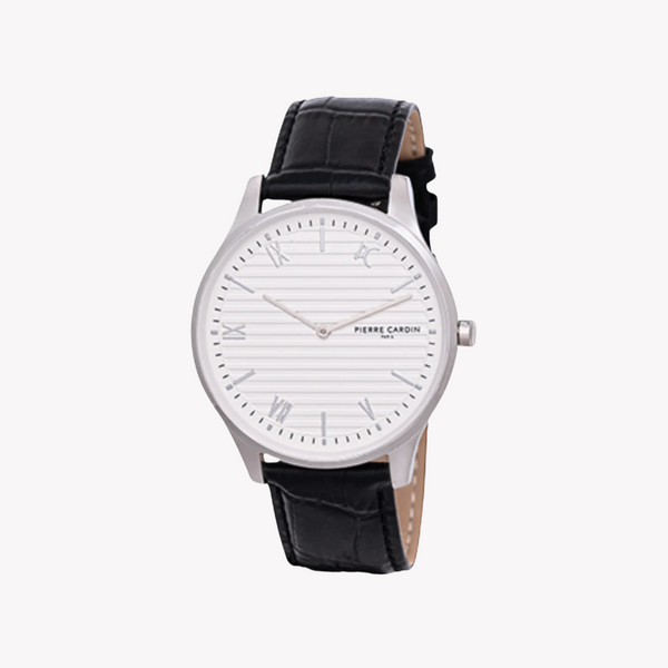 Pierre Cardin Men's Silver Metal Watch, Black Leather Band | Cba.4016