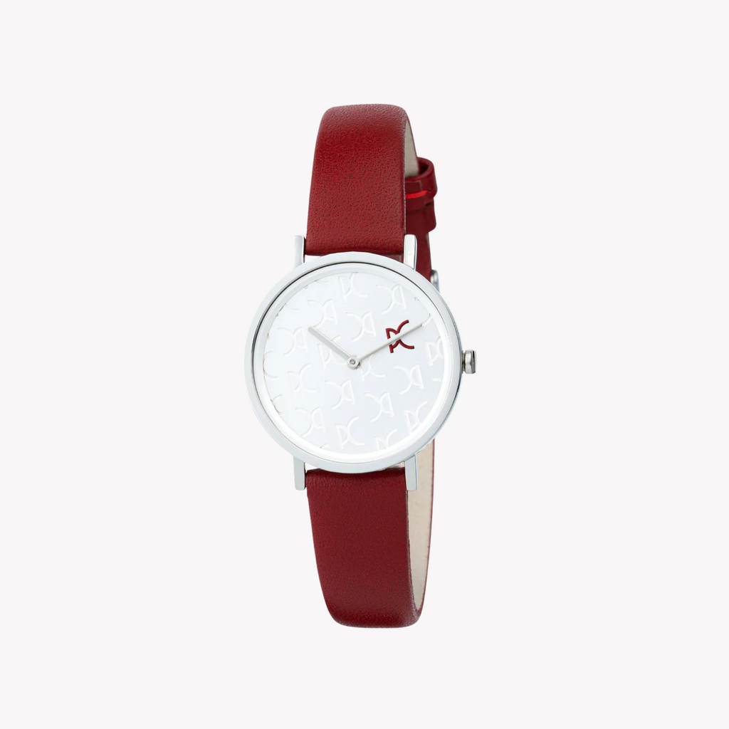 Montre femme PIERRE CARDIN avec boîtier en acier inoxydable argenté et bracelet en cuir rouge