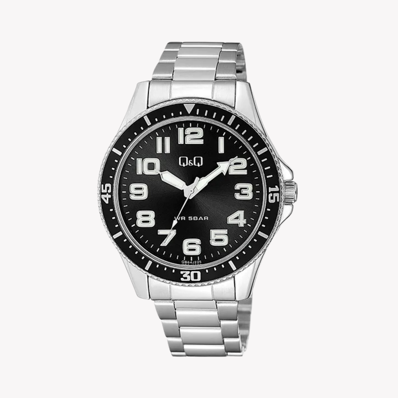 Q&Q Men's Silver Watch, Black Dial | QB64J225Y