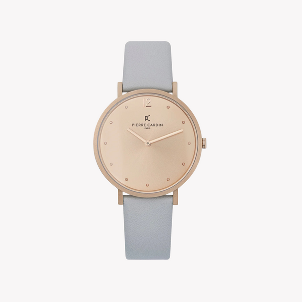 Pierre Cardin Women's Gray Leather Watch, Rose Gold Case | Cbv.1011