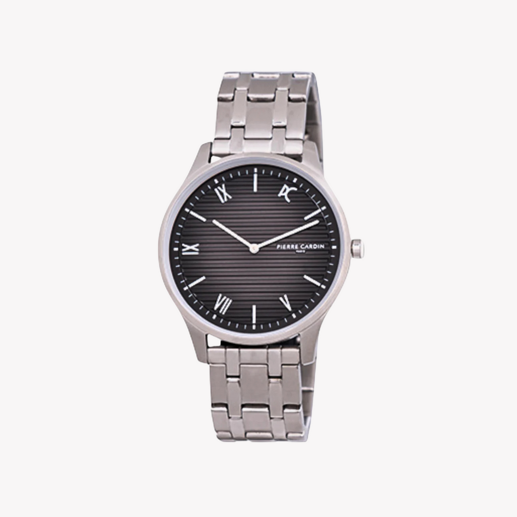MONTRE POUR HOMME PIERRE CARDIN - ÉLÉGANT BOÎTIER EN MÉTAL ARGENT AVEC CADRAN NOIR CLASSIQUE