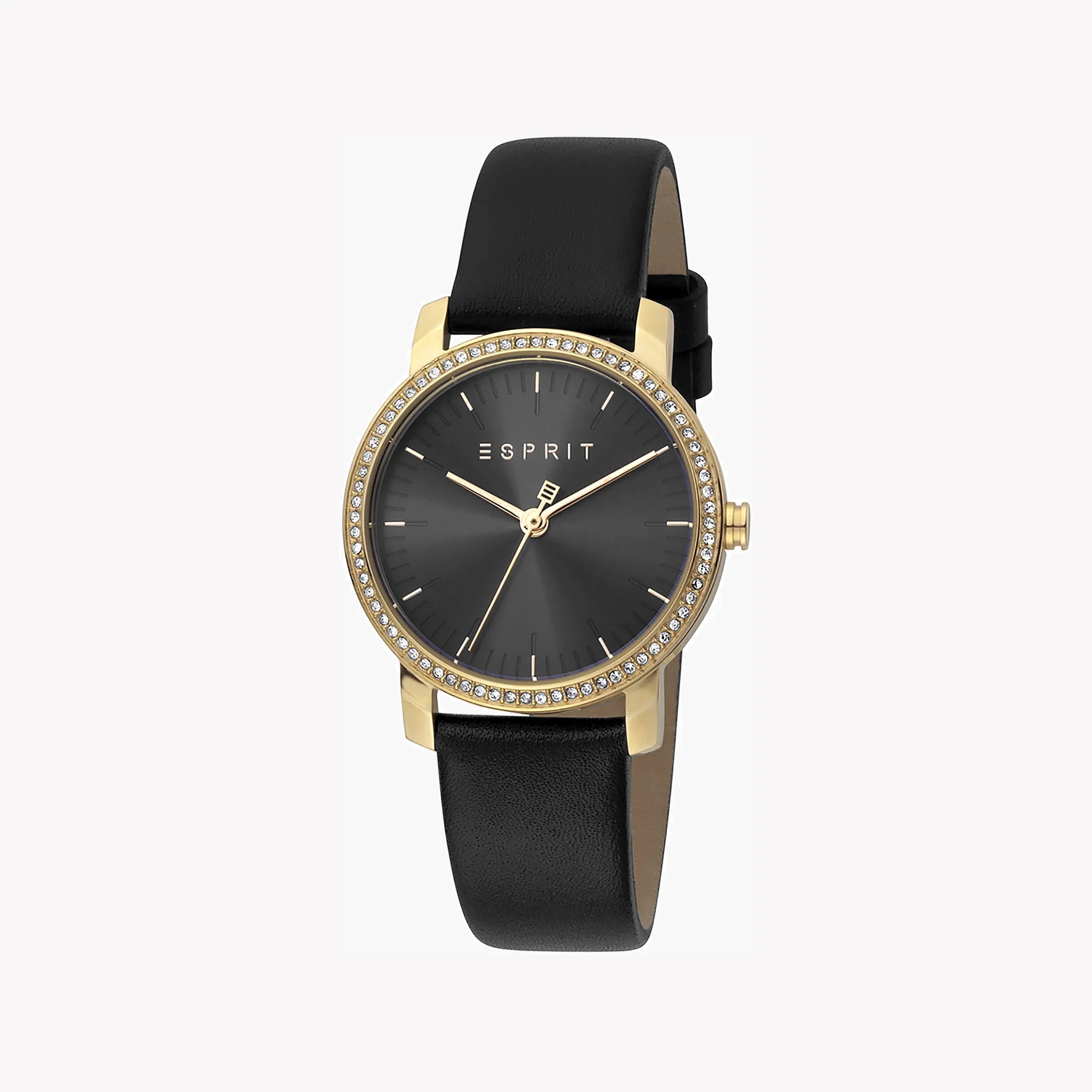 ESPRIT Women's Watch with Gold Stainless Steel Case and Black Leather Band