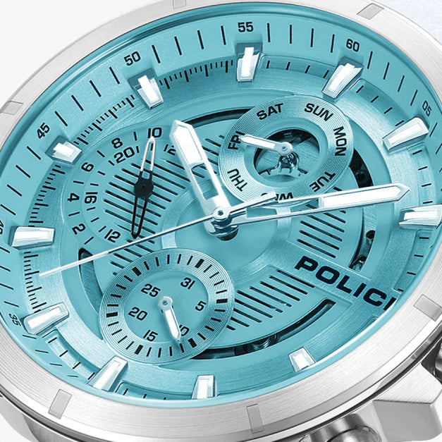 Police Men's Silver Leather Watch, Blue Dial | Pewjf0004603 by i-watch