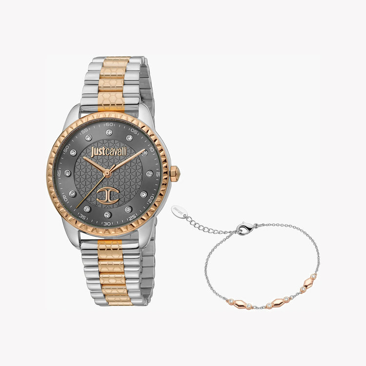 JUST CAVALLI Women's Watch with Gray Stainless Steel Case and Silver & Rose Gold Stainless Steel Band