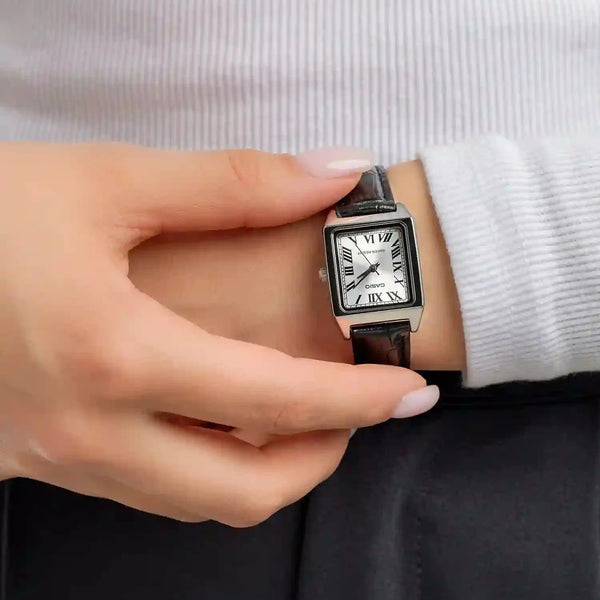 CASIO Women's Watch with Silver Chrome Plated Case and Black Leather Band-i-Watch-3