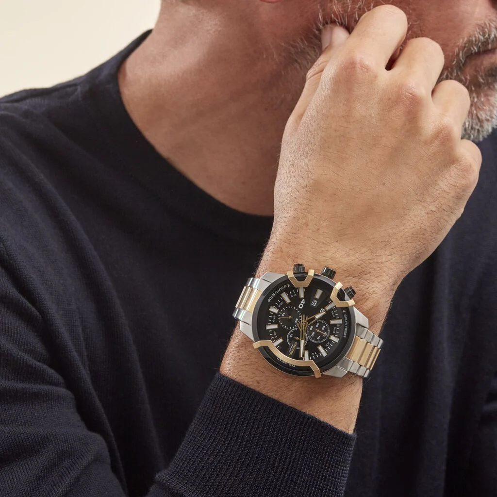 Diesel Men's Silver & Gold Stainless Steel Watch, Black Dial