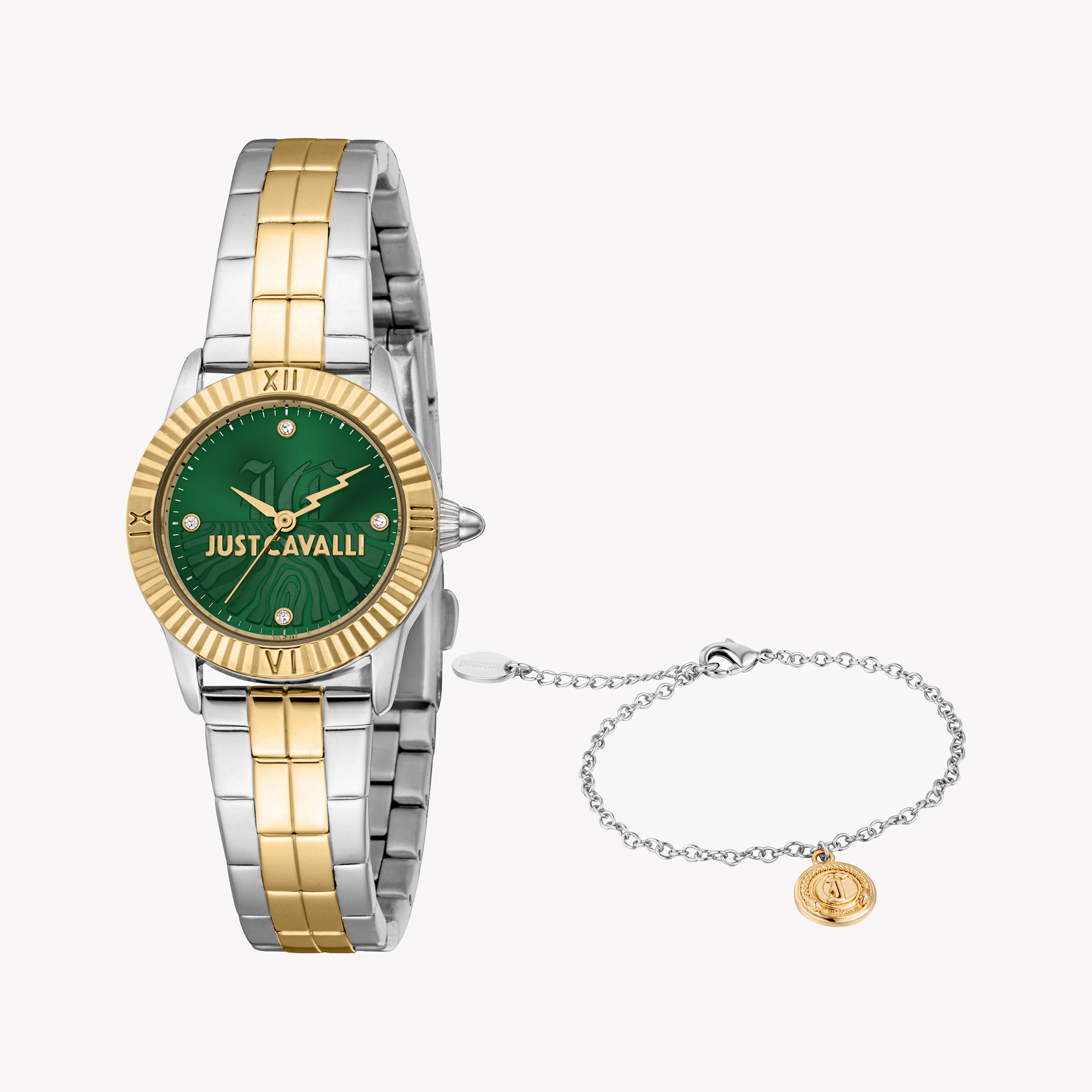 JUST CAVALLI JC1L328M0085 FASHIONISTA - ELEGANT TWO-TONE WOMEN'S WATCH WITH DARK GREEN DIAL