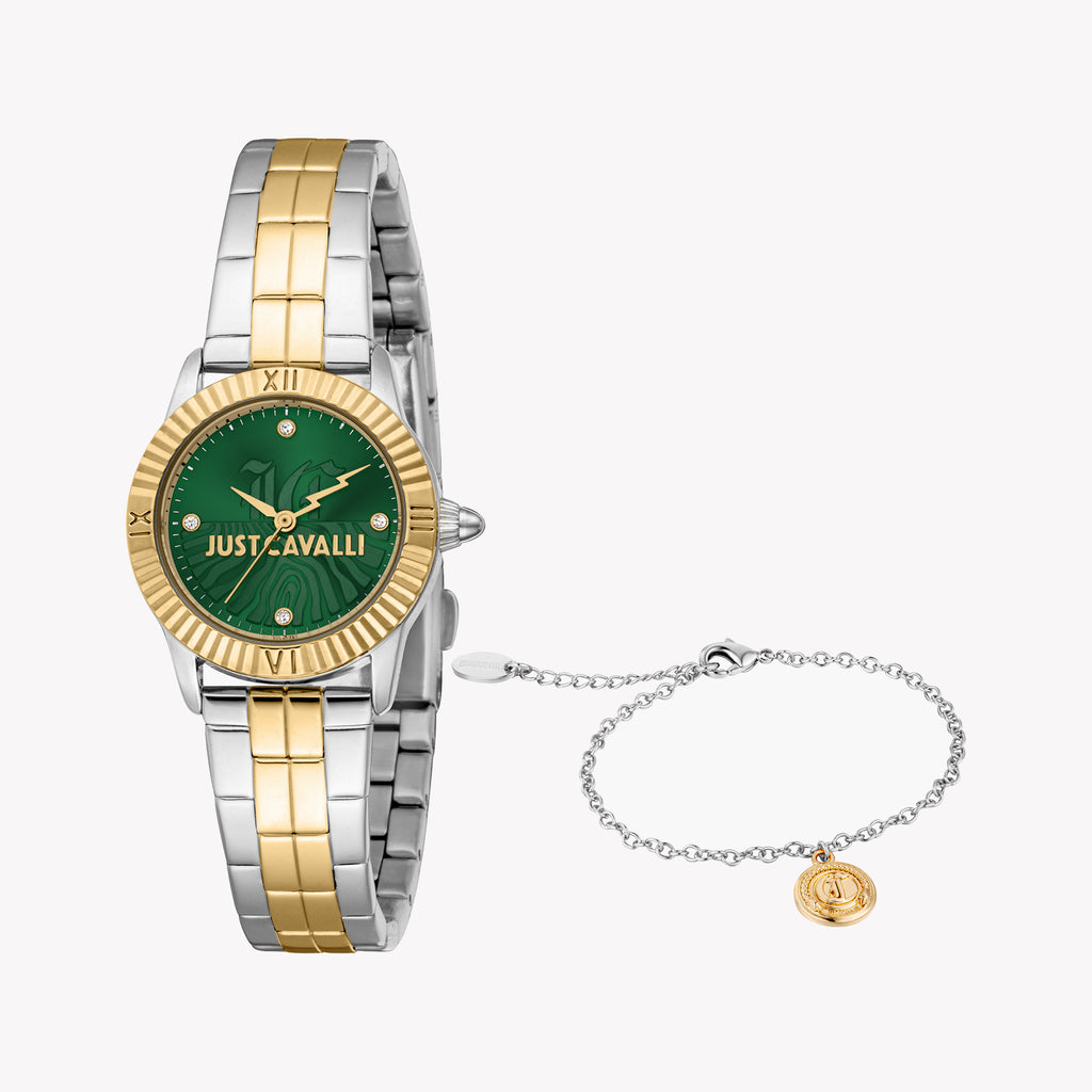 JUST CAVALLI JC1L328M0085 FASHIONISTA - ELEGANT TWO-TONE WOMEN'S WATCH WITH DARK GREEN DIAL-i-Watch-4