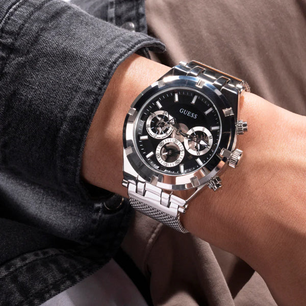 Guess Men's Silver Stainless Steel Watch, Black Dial | Gw0582g1 by i-watch