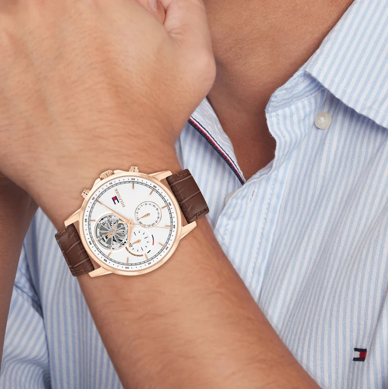Tommy Hilfiger Men's Rose Gold Watch, Brown Leather | 1710606 by i-watch