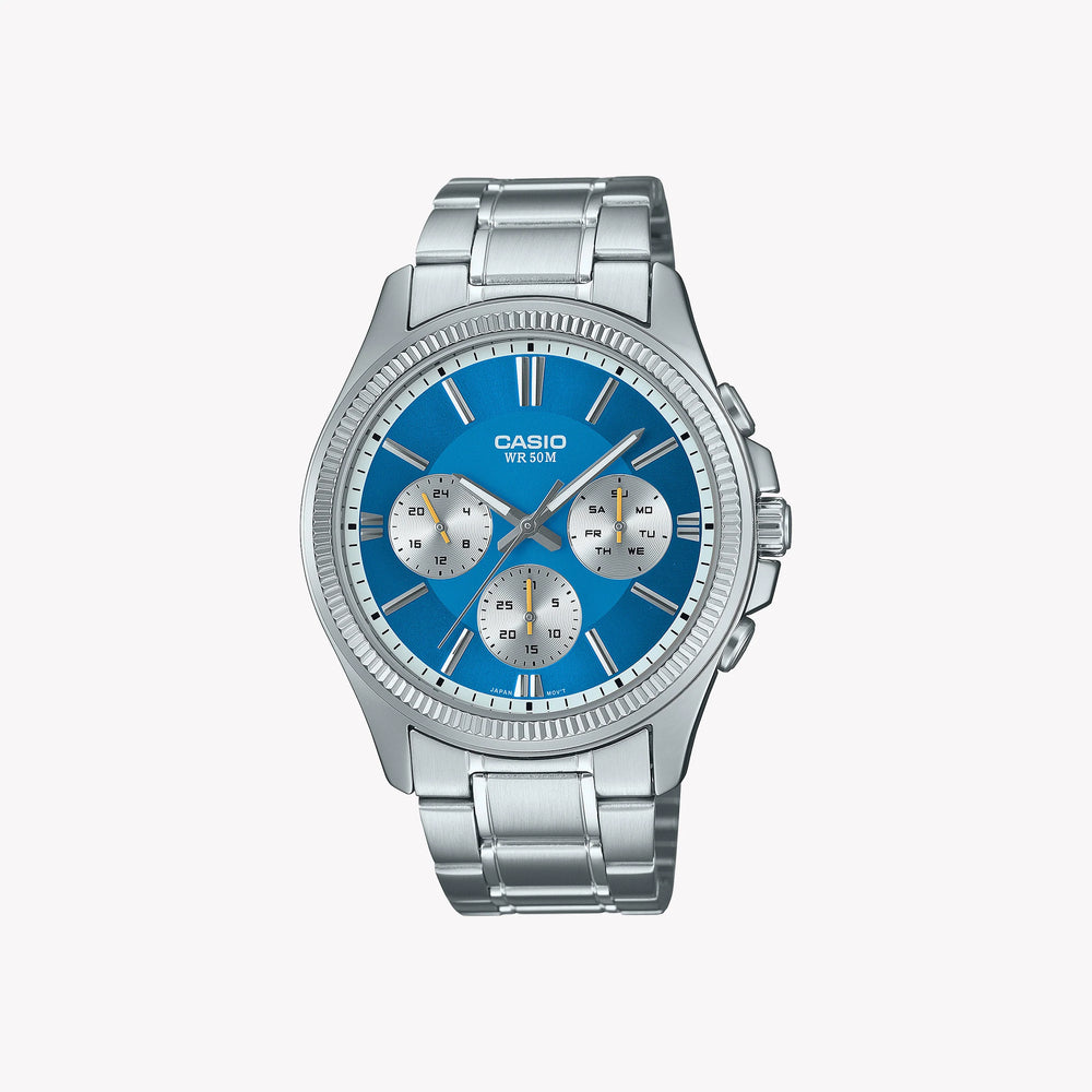 Timeless Elegance Men's Silver Watch, Blue Accents | Mtp-1375pd-2a2vef by i-watch