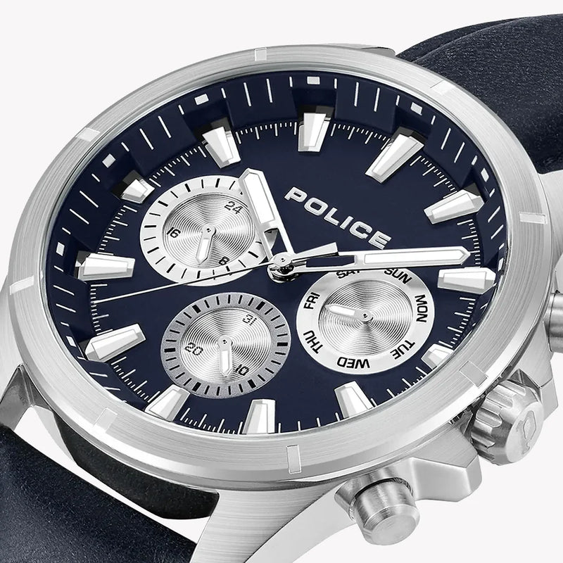 Police Men's Silver Leather, Blue Dial | Pewjf0005803 by i-watch