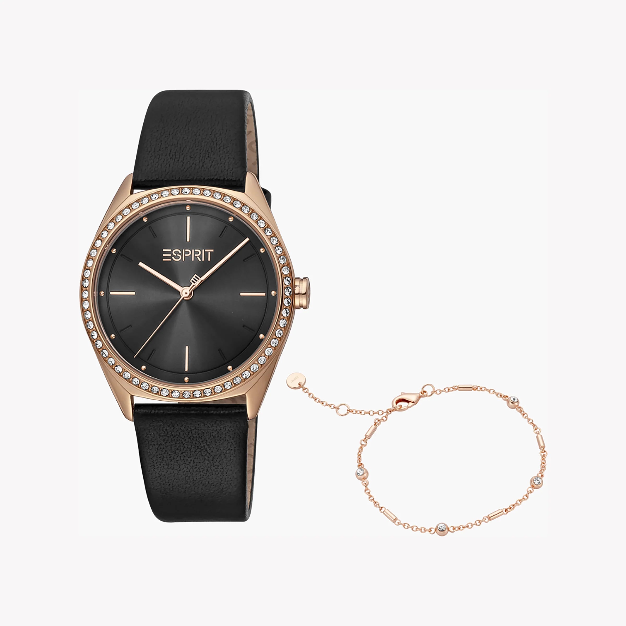 ESPRIT Women's Watch with Rose Gold Stainless Steel Case and Black Leather Band