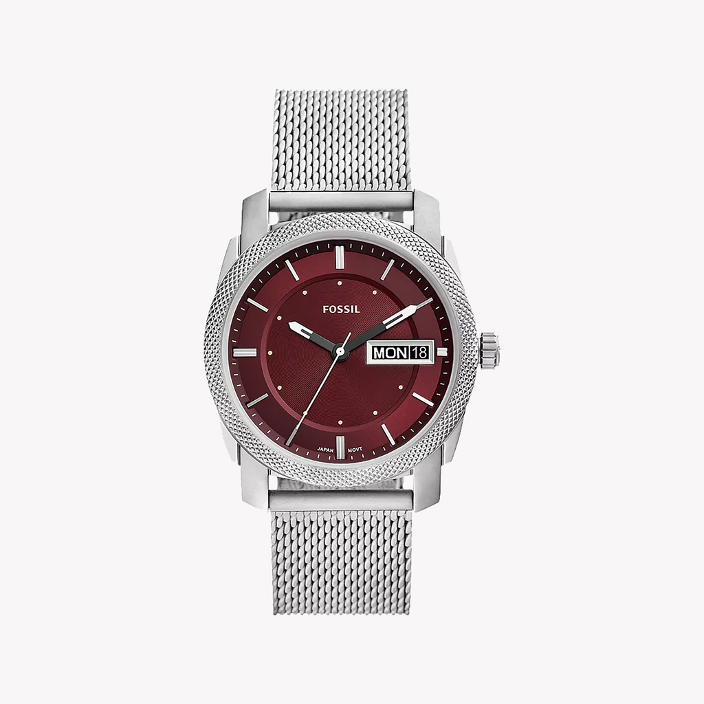 FOSSIL FS6014 MEN’S WATCH - ELEGANT BURGUNDY DIAL WITH SILVER MESH STRAP