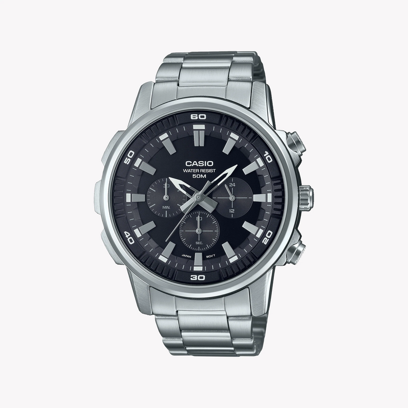 Casio Mtp-E505d-1avdf - Sporty Elegance Unleashed Men's Chronograph Watch With Stainless Steel BAnd and Black Dial by i-watch