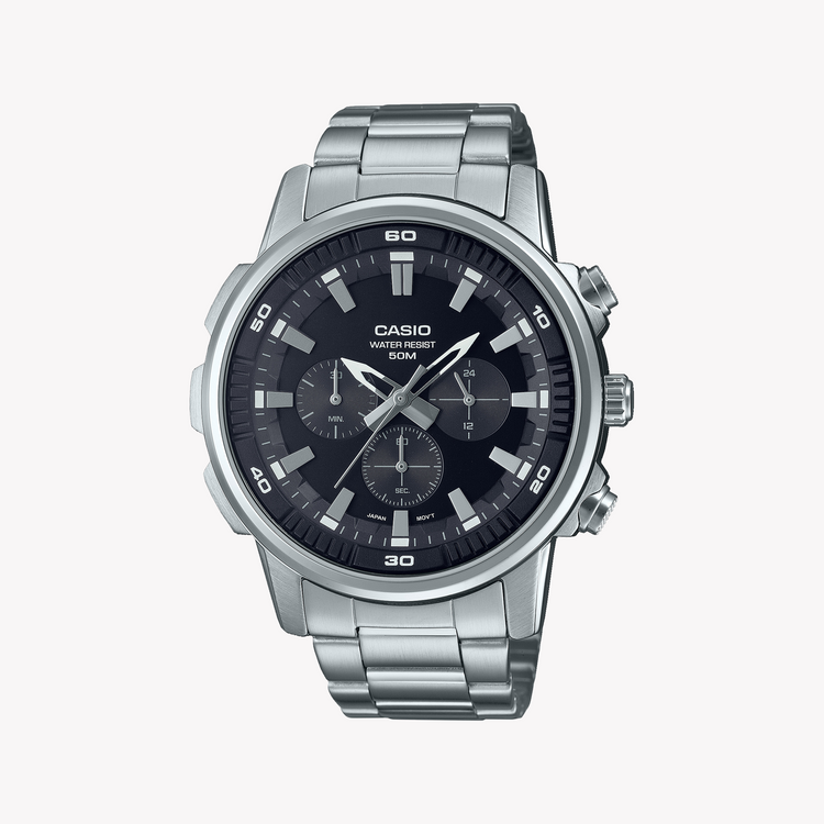 CASIO MTP-E505D-1AVDF - SPORTY ELEGANCE UNLEASHED Men's Chronograph Watch with Stainless Steel Band and Black Dial