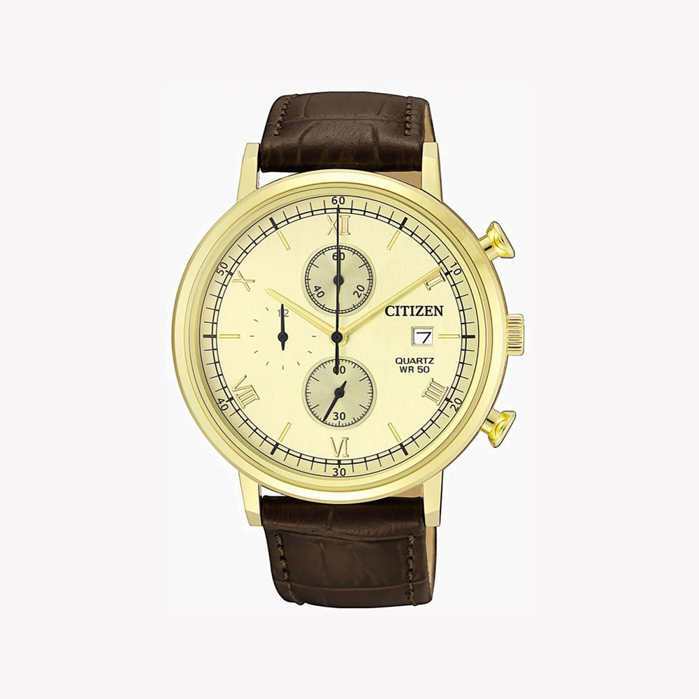 Citizen An3612-09p - Bold Chronograph - Elegant Gold & Brown Leather Men's Watch by i-watch