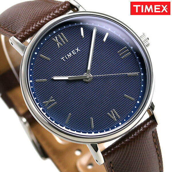 Timex Men's Brown Leather Watch, Blue Dial | TW2T34800