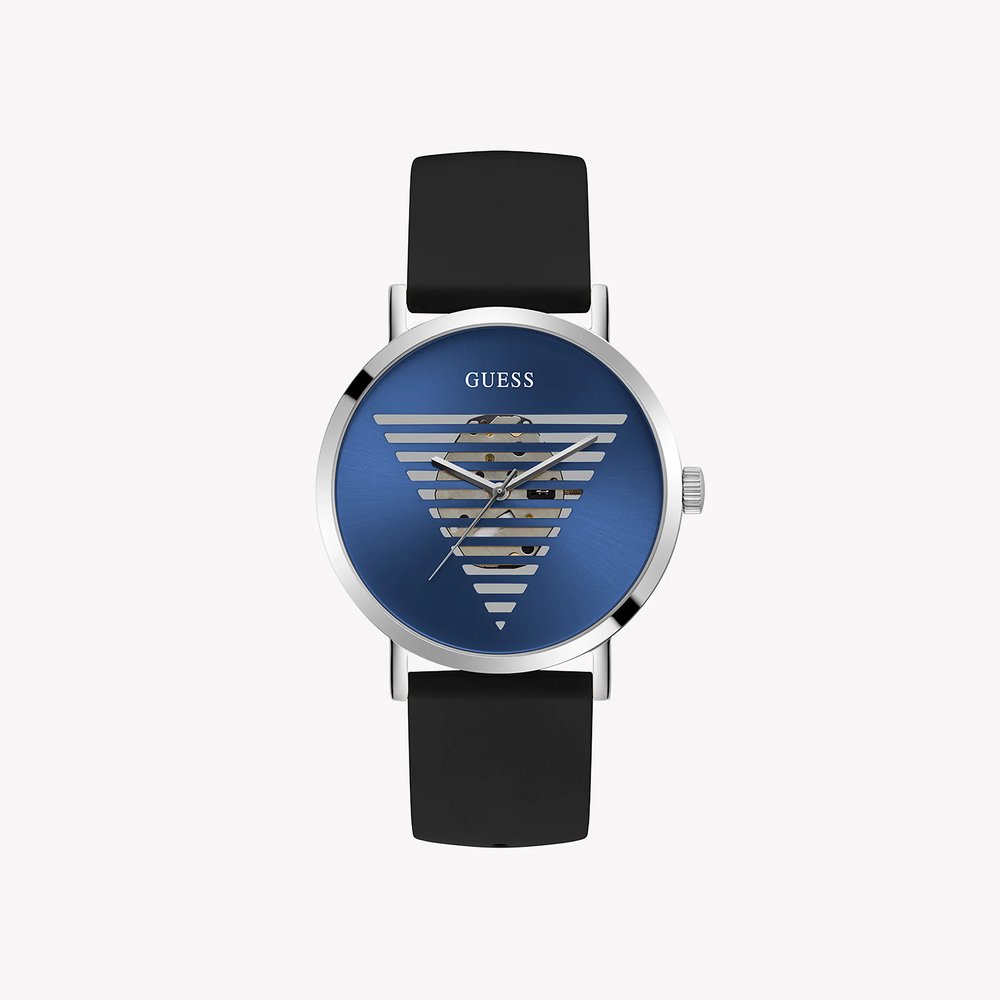 Guess Men's Silver & Black Silicone Watch, Blue Dial | Gw0503g2 by i-watch