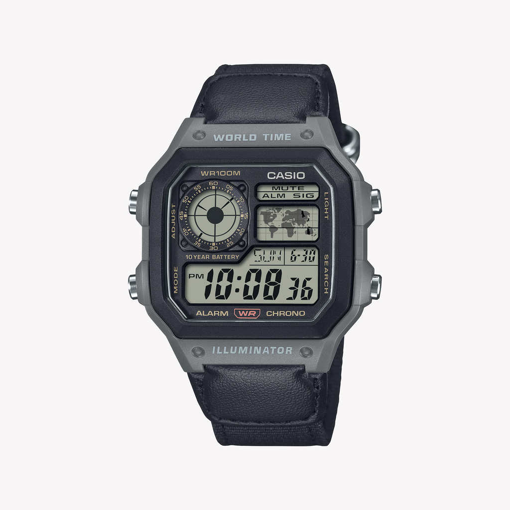 CASIO AE-1200WHUB-8AVEF - TIMELESS UTILITY - MEN'S DIGITAL WATCH WITH SILVER CASE & BLACK LEATHER BAND