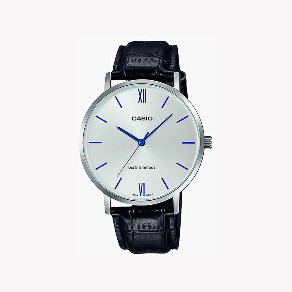 Casio Men's Silver Stainless Steel, Black Leather | Mtp-Vt01l-7b1 by i-watch