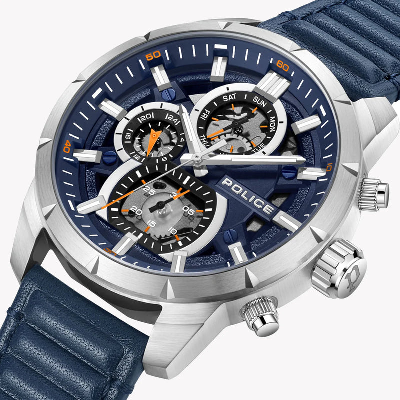 Police Men's Silver Stainless Steel, Blue Leather | Pewjf0021801 by i-watch