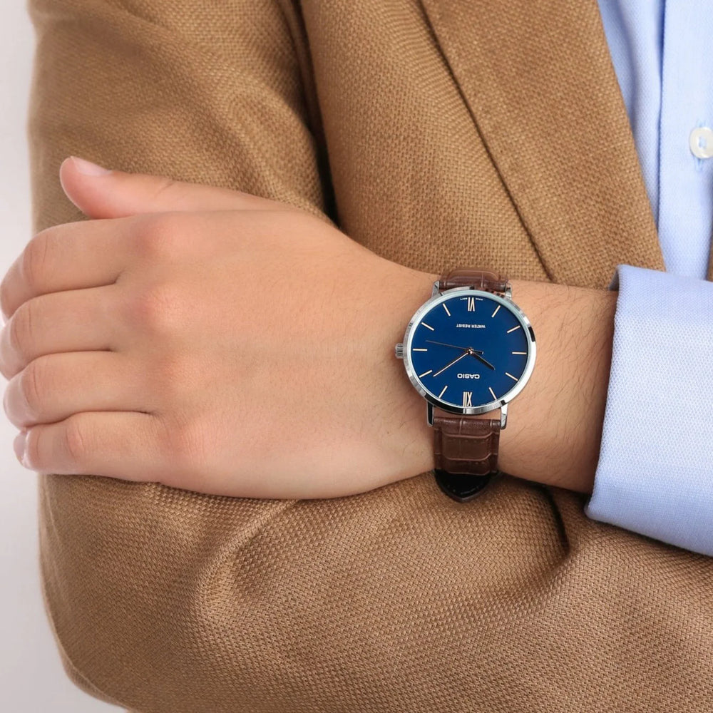 Casio Men's Blue Dial Watch, Brown Leather Band | Mtp-Vt01l-2b by i-watch