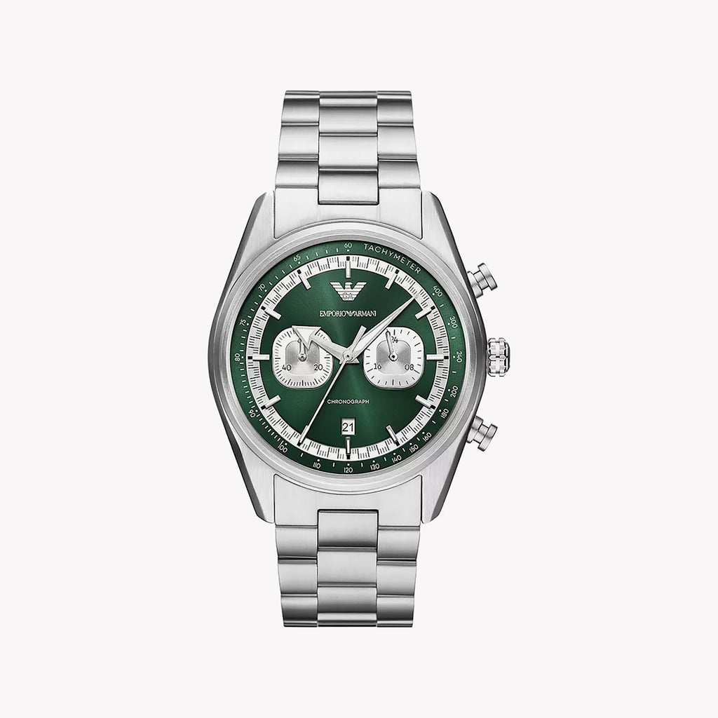 EMPORIO ARMANI AR11637 - STRIKING GREEN DIAL MEN'S WATCH WITH ELEGANT SILVER BAND