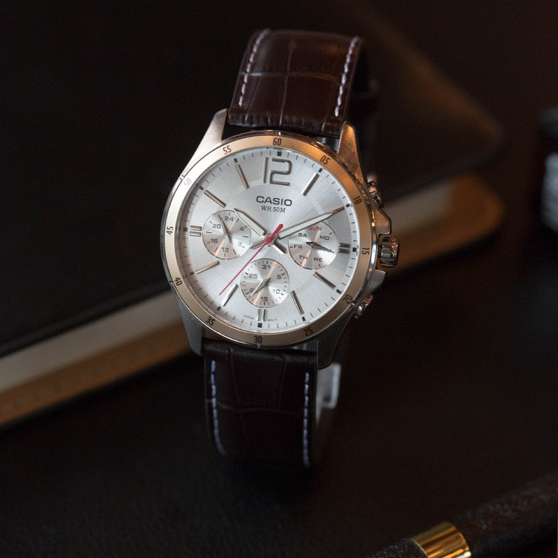 Timeless Elegance Men's Stainless Steel, Leather Strap | MTP-1374L-7AVDF