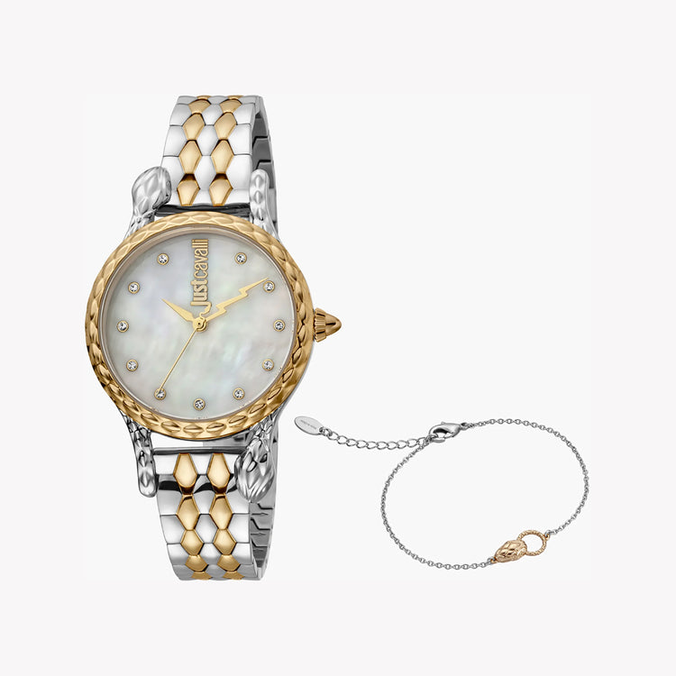 JUST CAVALLI Women's Watch with Silver & Gold Stainless Steel Case and Silver & Gold Stainless Steel Band