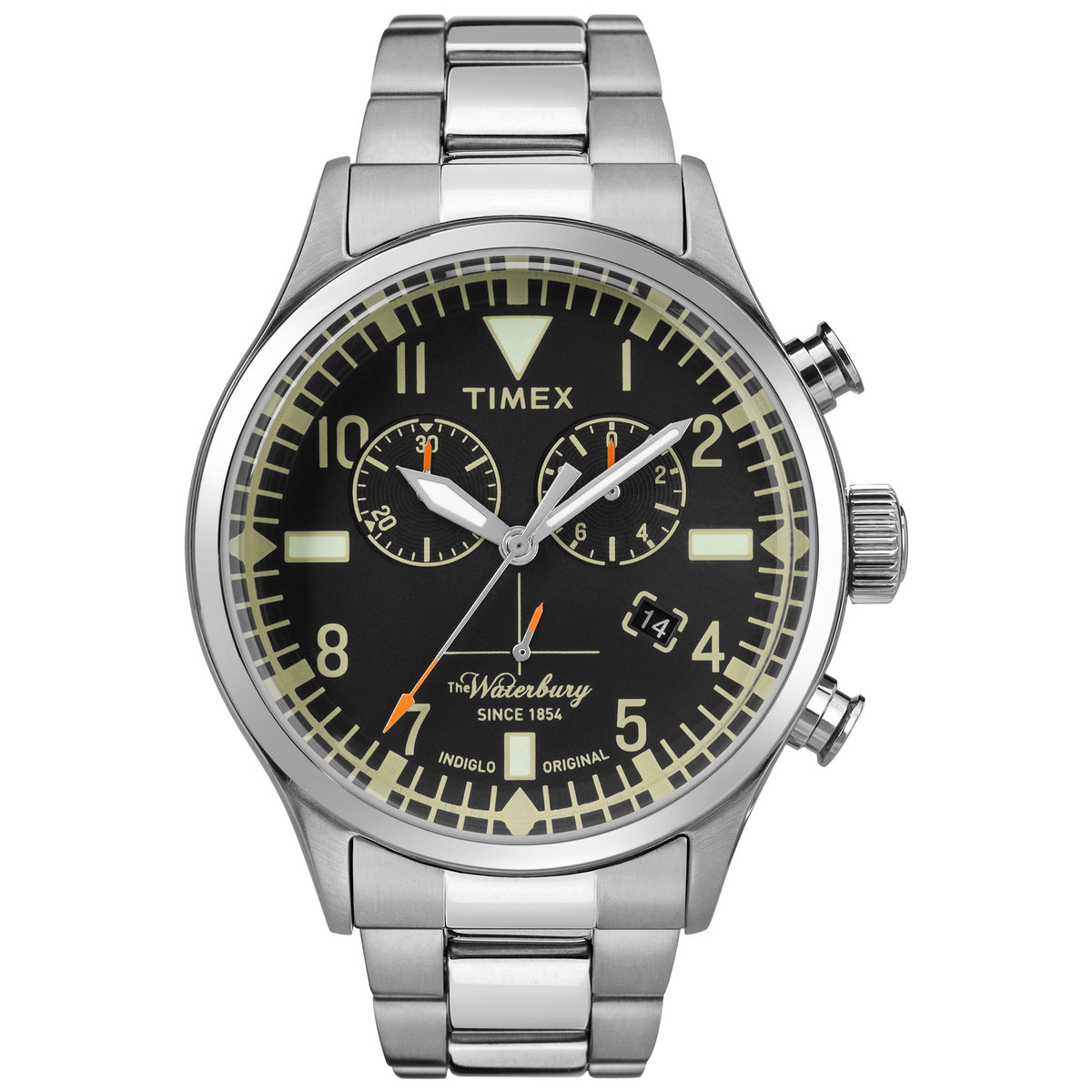 TIMEX WATERBURY HERITAGE TW2R24900 - MEN'S STAINLESS STEEL CHRONOGRAPH WITH BLACK DIAL & INDIGLO