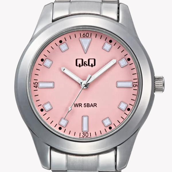 Q&Q Women's Silver Watch, Light Pink Dial | Q35B-006PY