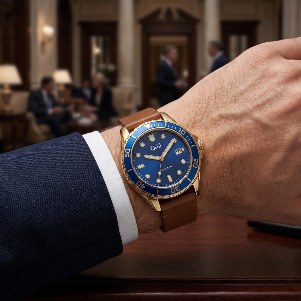 Q&Q Men's Gold  Watch, Blue Dial | A172J102Y