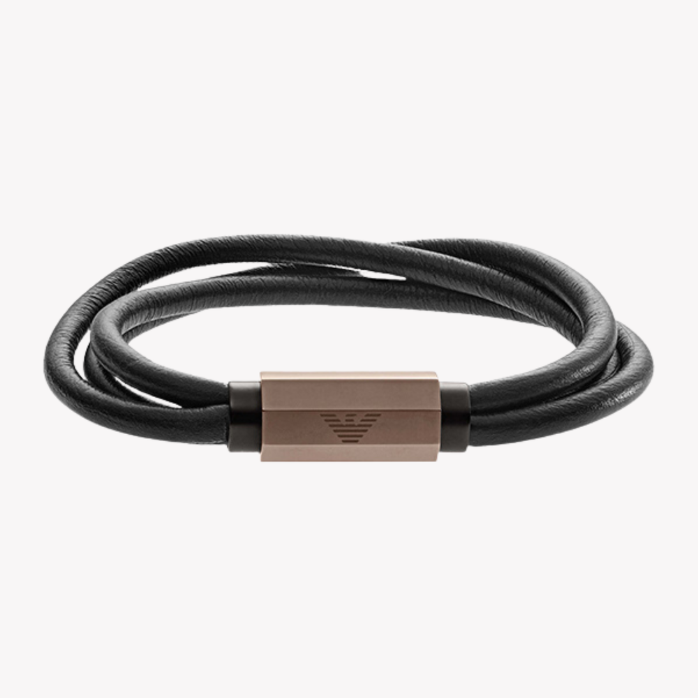 Emporio Armani Men's Black & Rose Gold Bracelet, Leather & Eagle Logo | EGS2434200